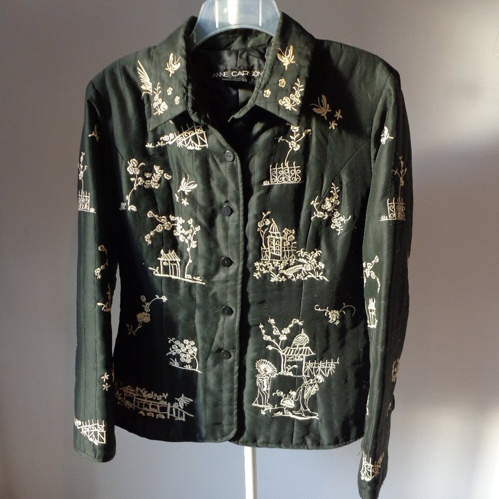 ANNE CARSON Womens 100% Silk Black Embroidery Quilted Lined‎ Coat Jacket Sz L